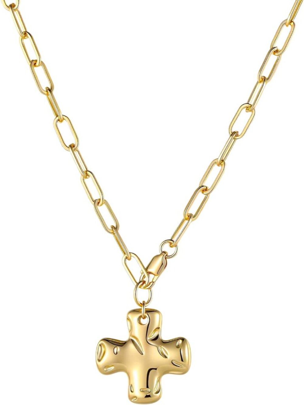 Gold Cross Necklace for Women Hammered Cross Pendant Toggle Clasp Paperclip Chai